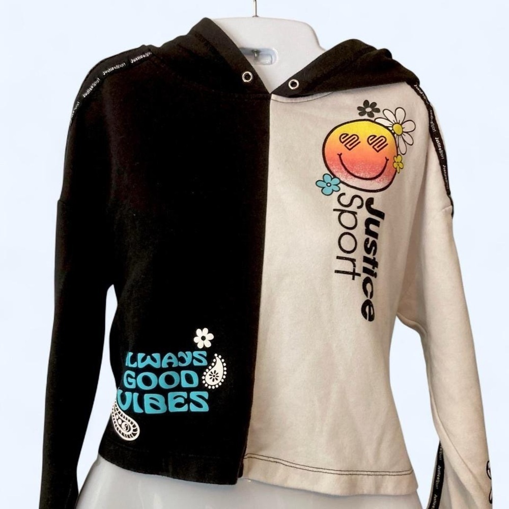 Justice Black and White Kids Hoodie with smiley face and daisy design L